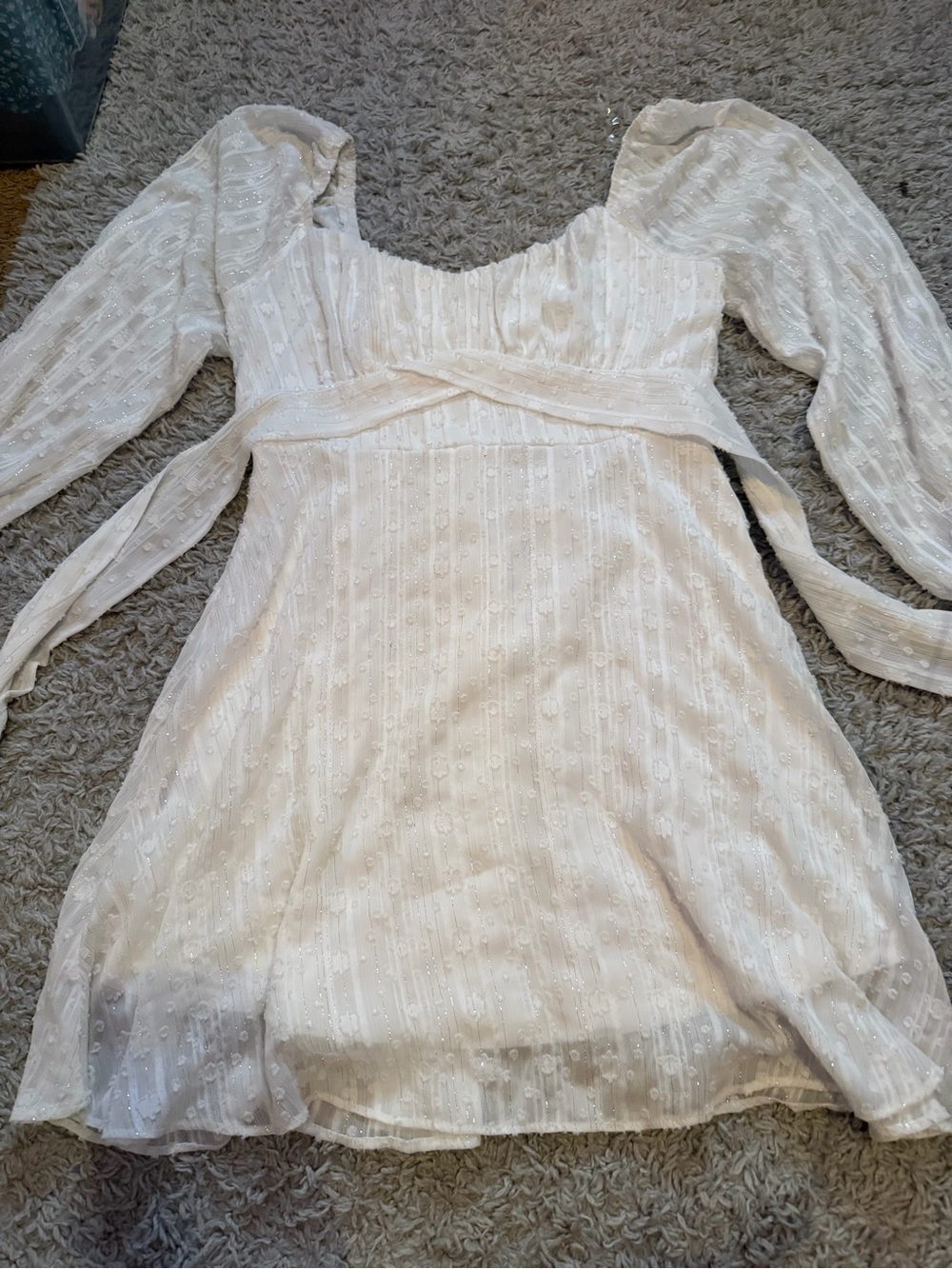 White Long-Sleeve Swiss Dot Mini Dress with Waist Tie